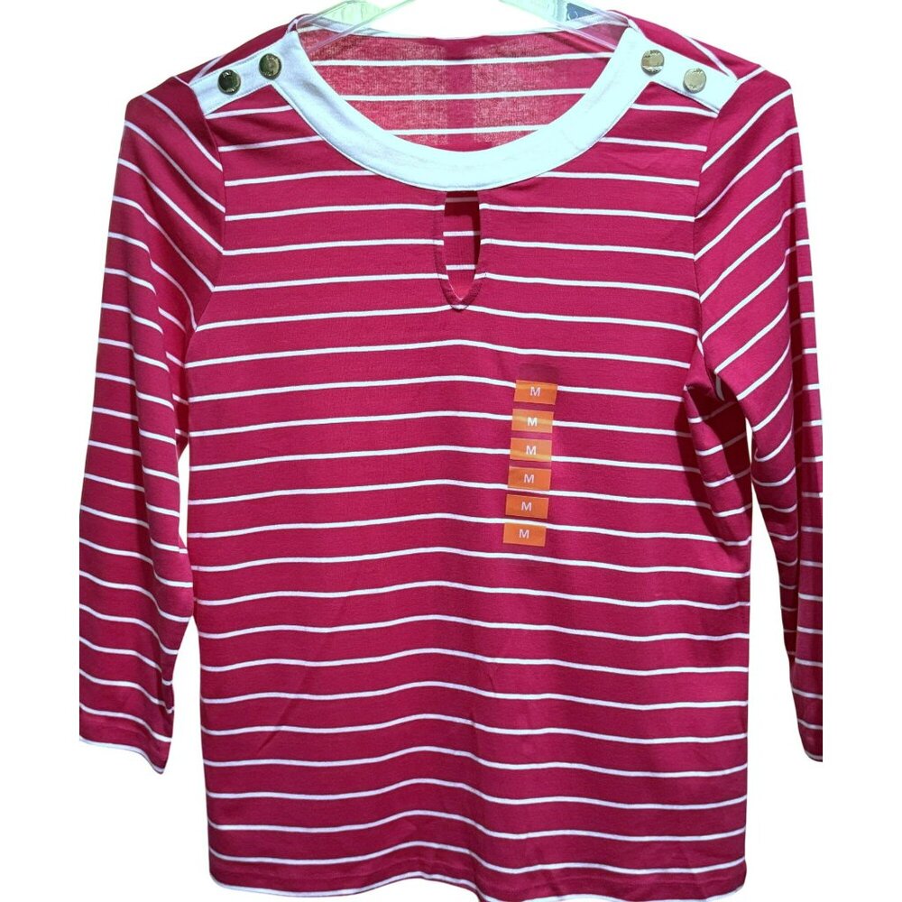 Jones New York Long Sleeve Tee Top Key Hole Front Rosey Pink & White Sz M NWT